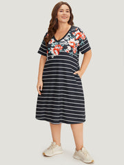 Floral & Striped Print Pocket V Neck Dress