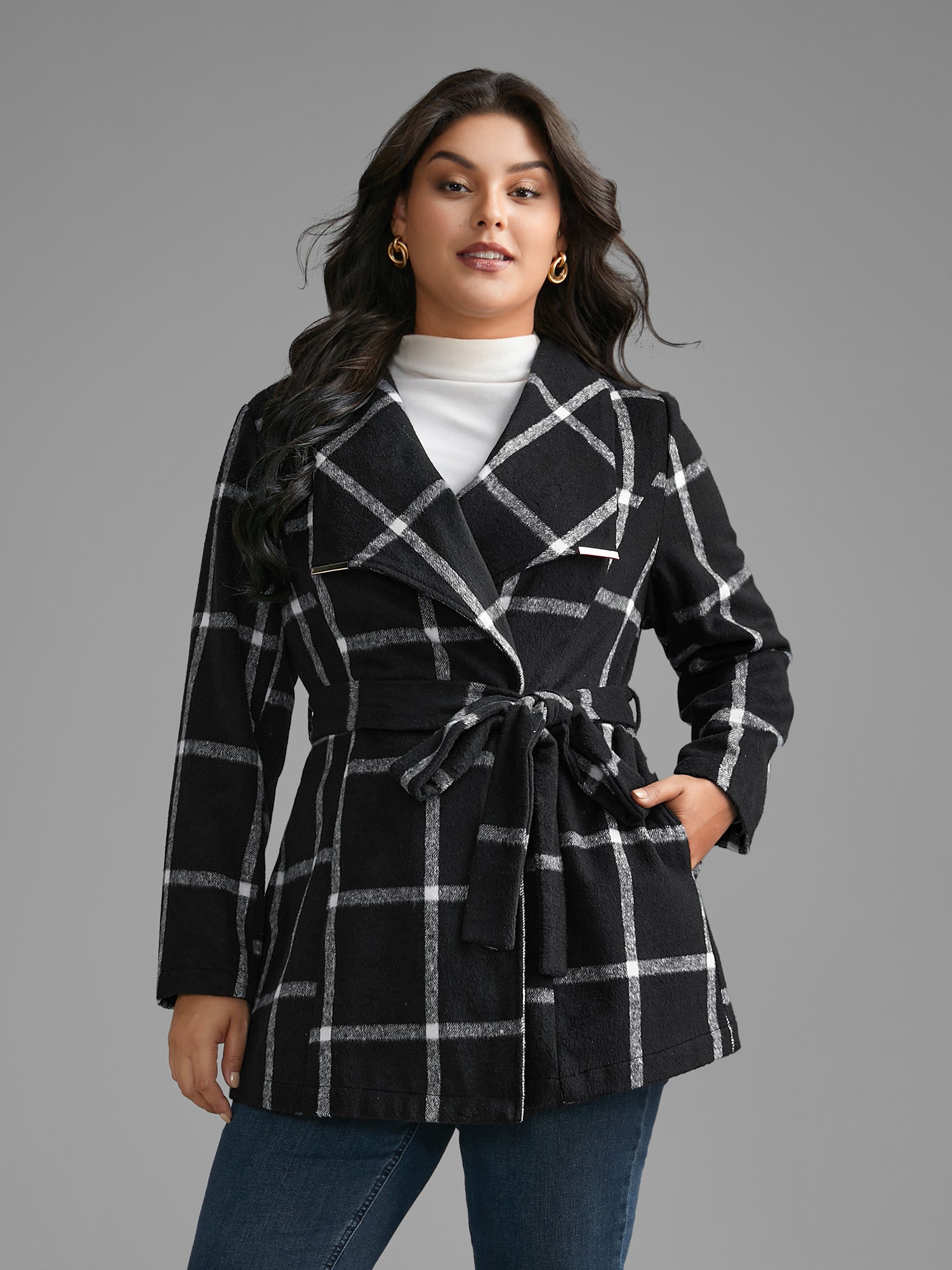 Plaid Lapel Collar Belted Jacket