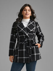 Plaid Lapel Collar Belted Jacket