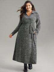 Solid Pocket Elastic Waist Ties Split Hem Dress