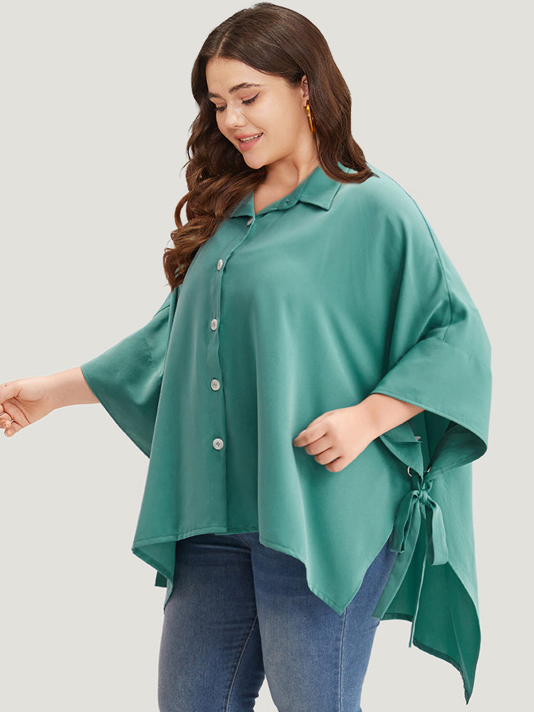 Plain Shirt Collar Asymmetrical Hem Bowknot Kimono