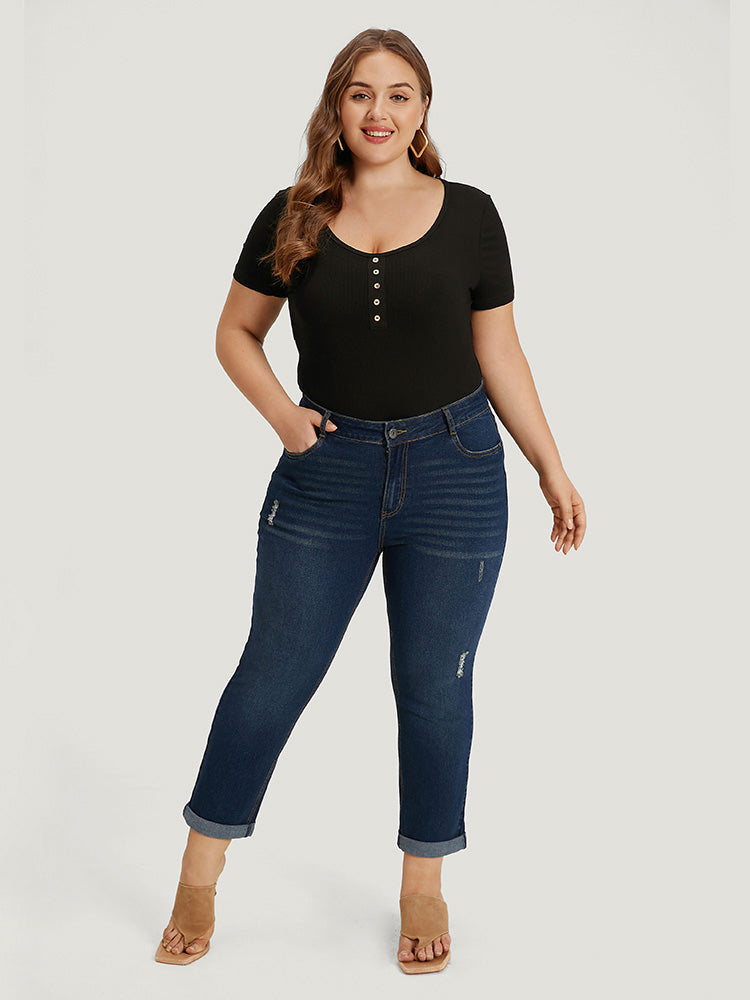 Solid Ripped Pocket Roll Hem Jeans