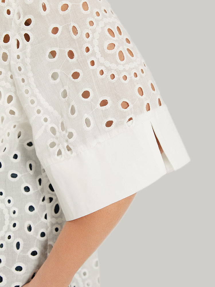 Plain Shirt Collar Broderie Anglaise Open Front Kimono