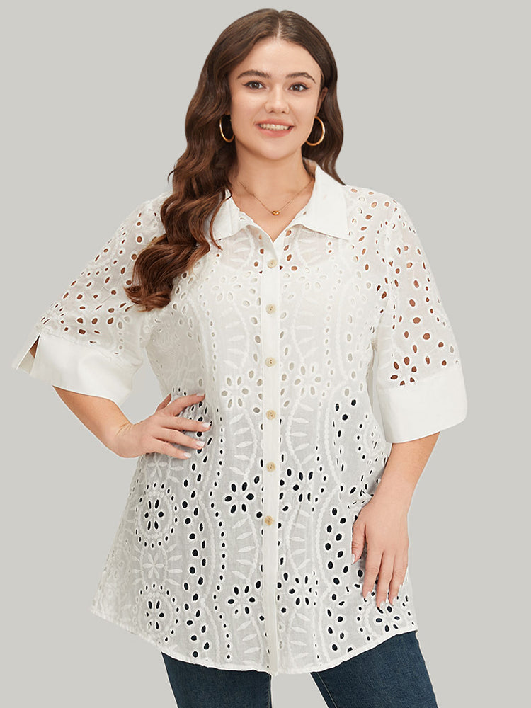 Plain Shirt Collar Broderie Anglaise Open Front Kimono