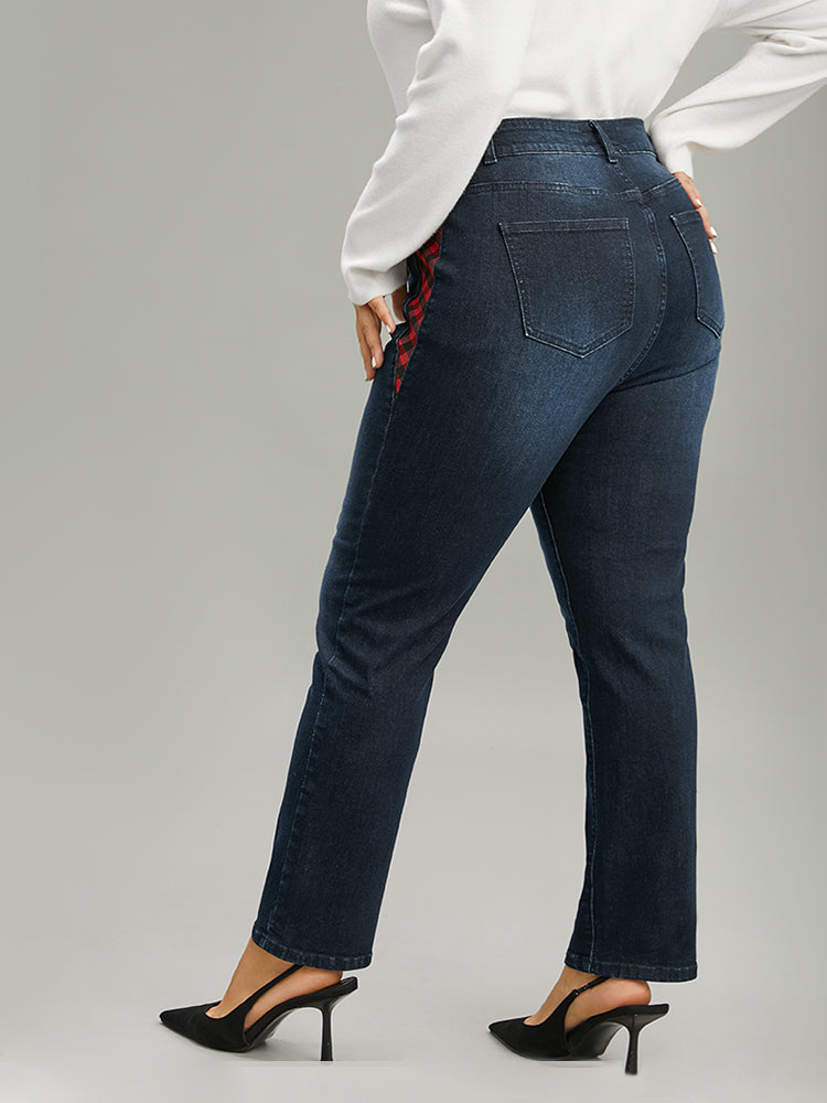 Plaid Patchwork Straight Leg Dark Wash Jeans