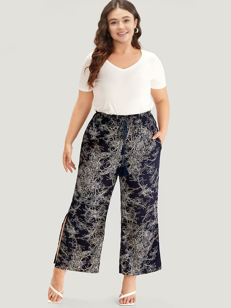 Graphic Print Shirred Split Side Tassels Ties Pants