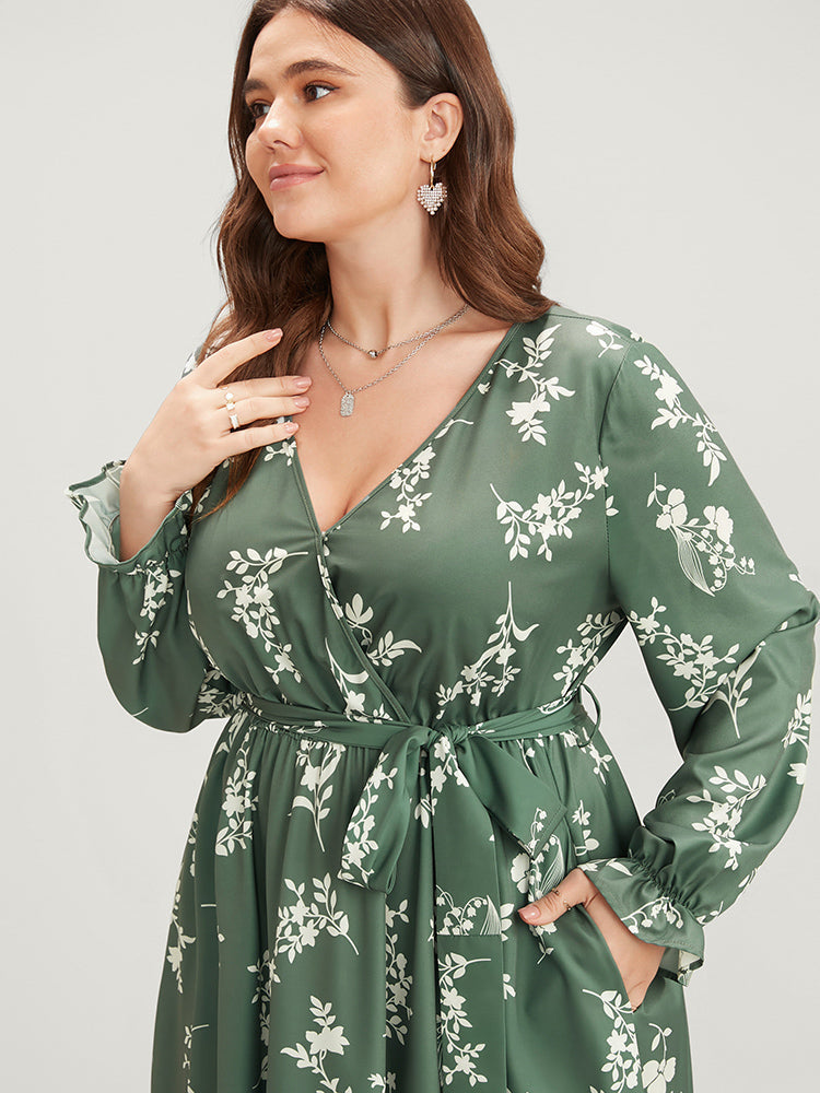 Floral Wrap Pocket Lantern Sleeve Belted Ruffle Dress