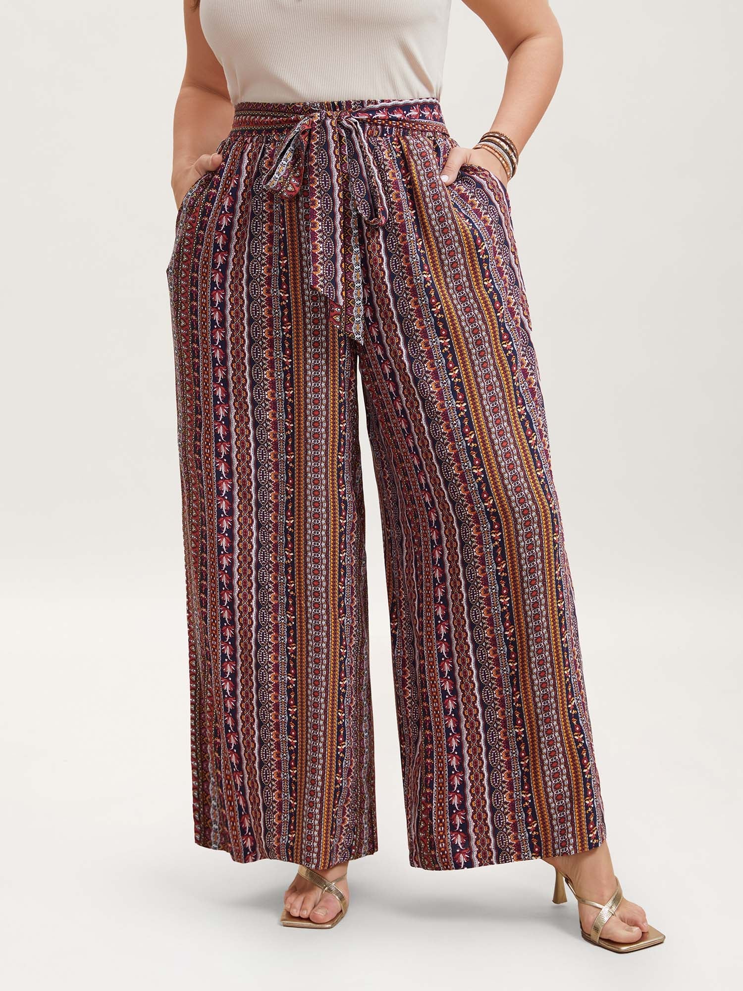 Boho Print Belted Flared Pants