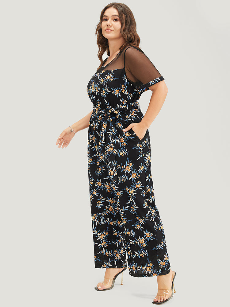 Floral Mesh Patchwork Crew Neck Pocket Belted Jumpsuit