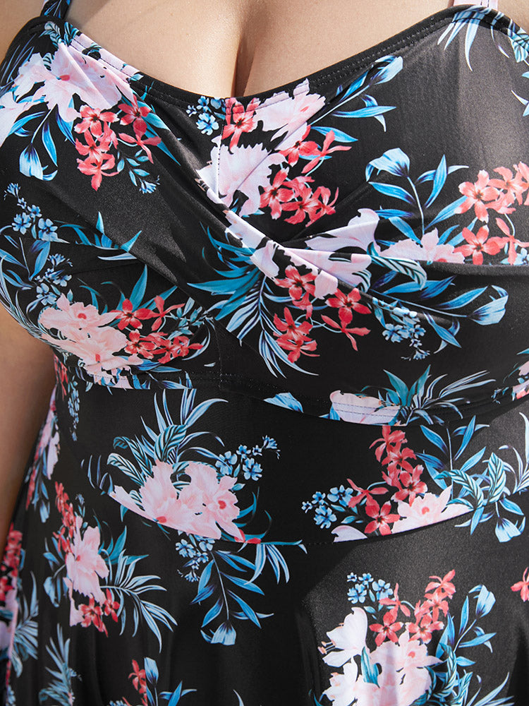 Floral Print Crossover A Line Ruffle Hem Swim Dress