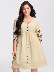 Floral Embroidery Button Front Knee-Length Dress