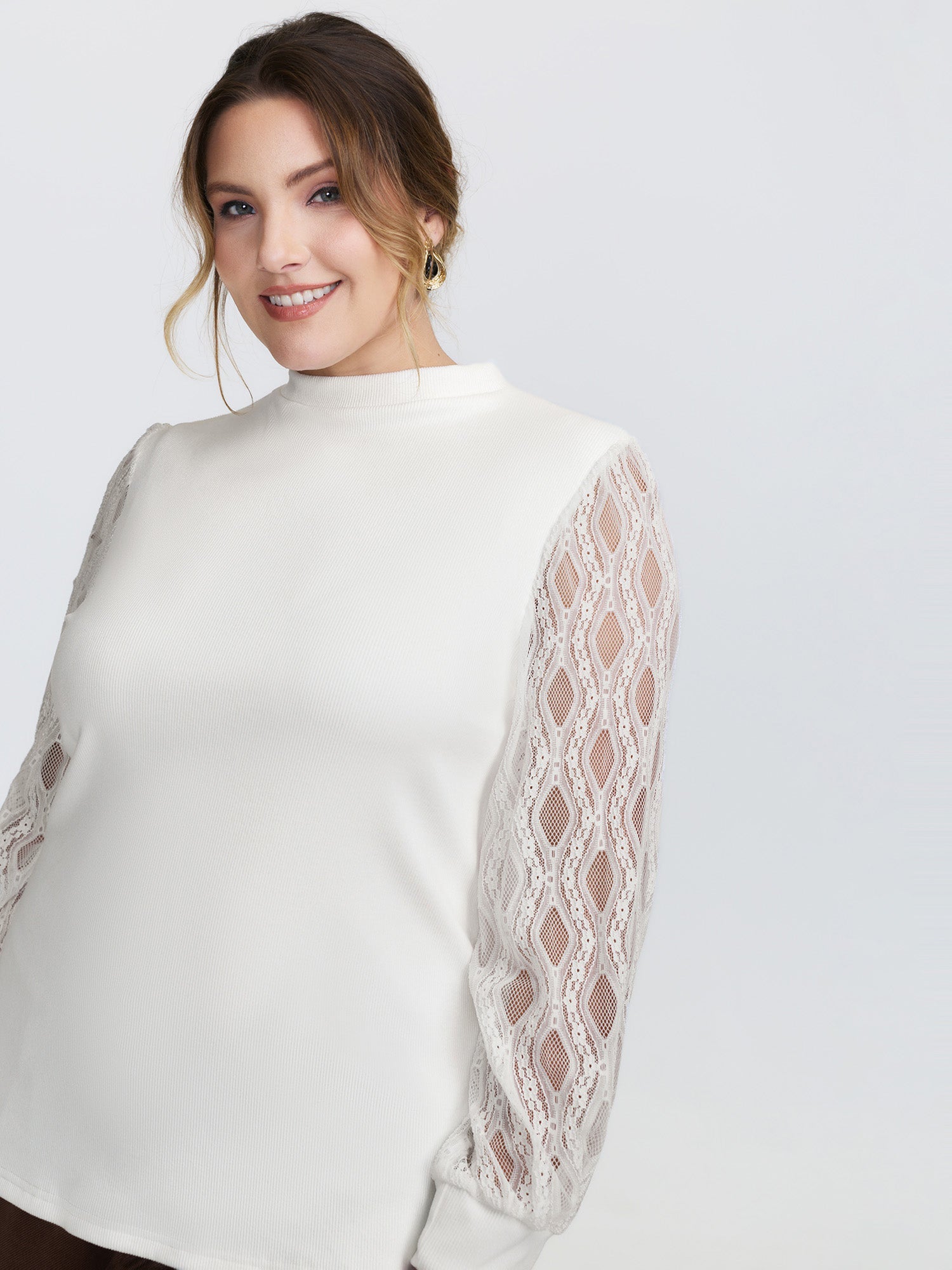 Sheer Lace Trim Mockneck Knit Top