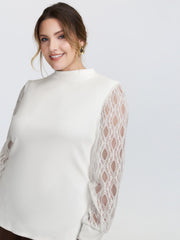 Sheer Lace Trim Mockneck Knit Top