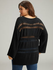 Solid Hollow Out Split V Neck Pullover