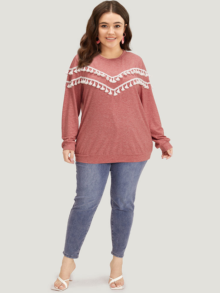 plain Heather Crew Neck Tassel Trim Sweatshirt
