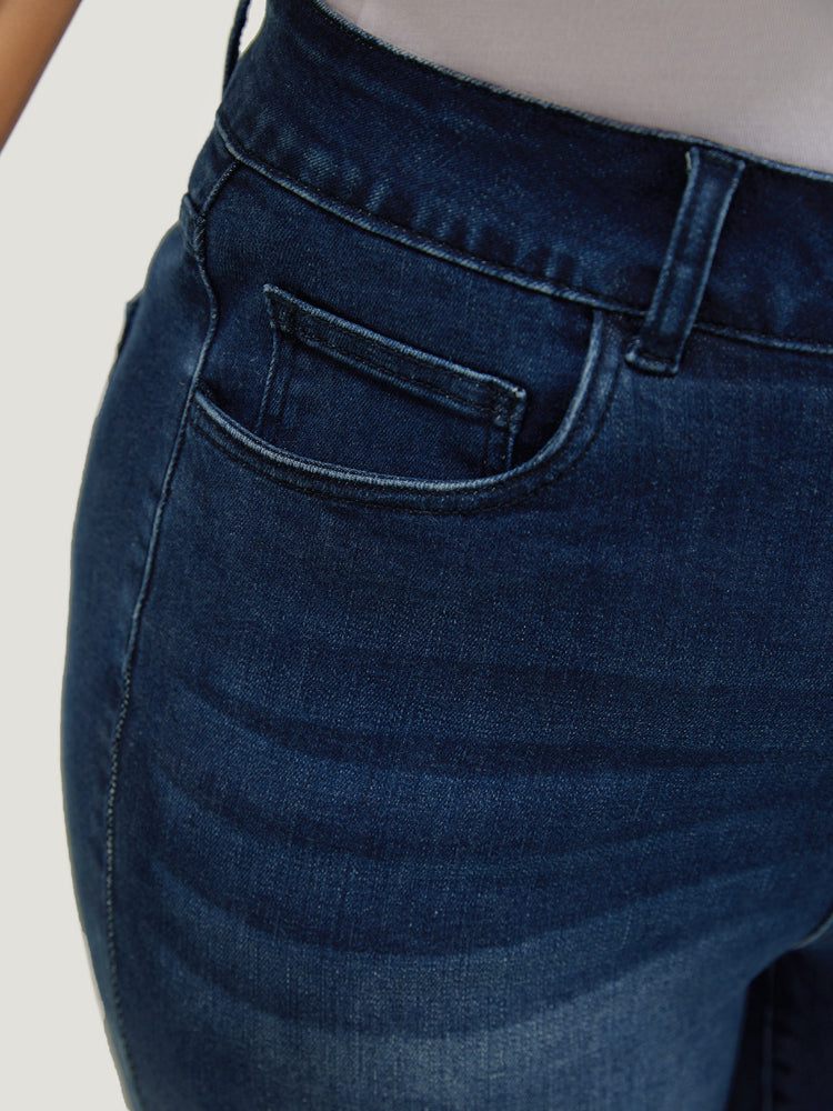 Very Stretchy High Rise Dark Wash Raw Hem Cropped Jeans