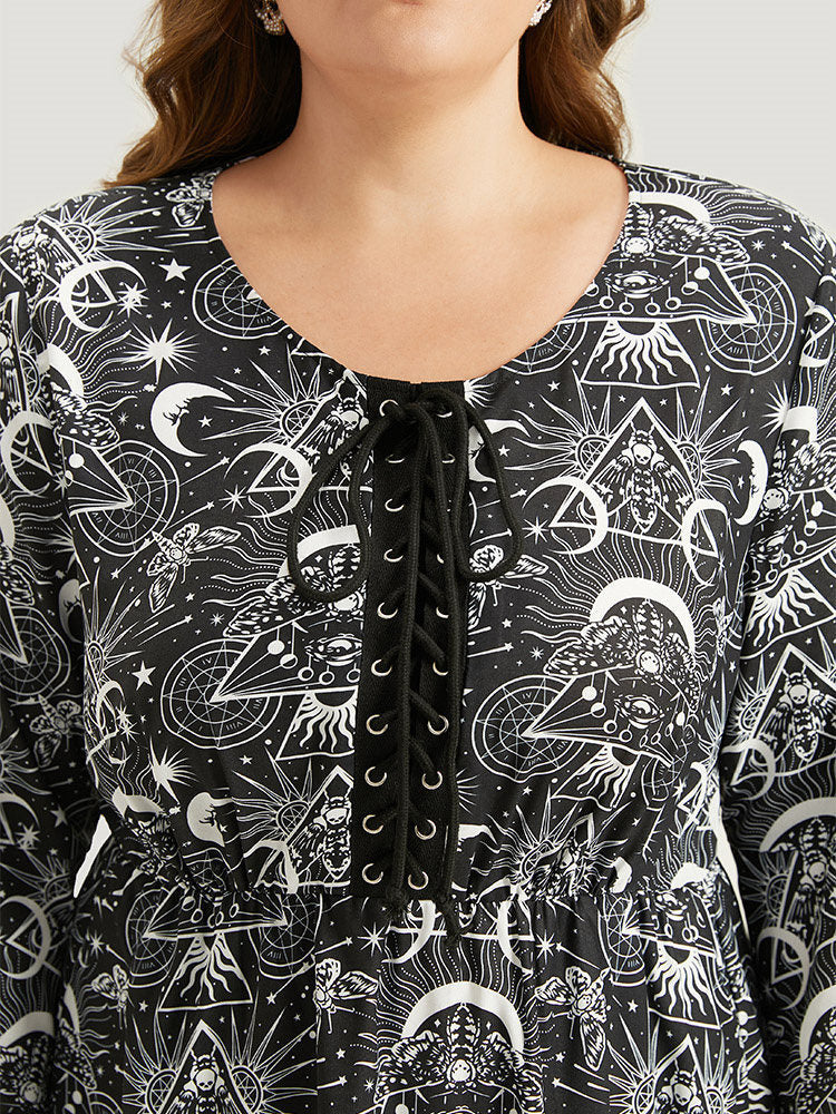 Halloween Moon & Star Lace Up Pocket Bell Sleeve Dress