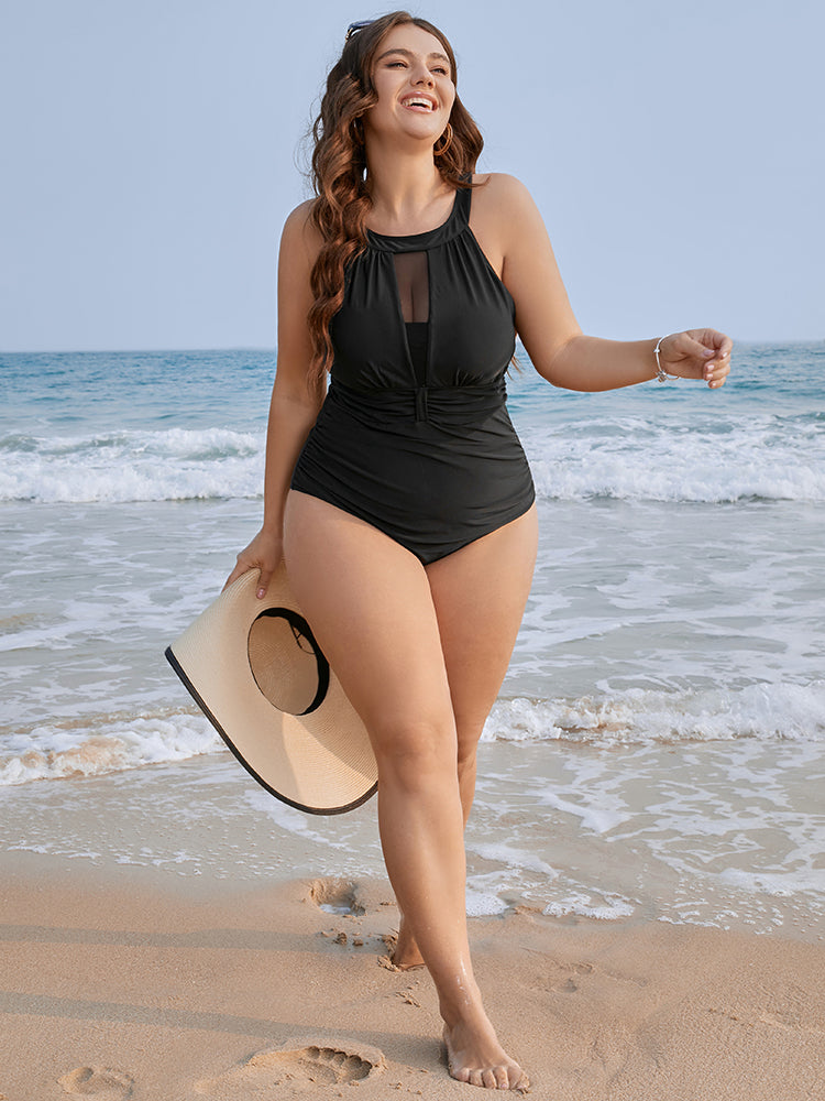 Halter Mesh Insert Knotted Back One Piece Swimsuit