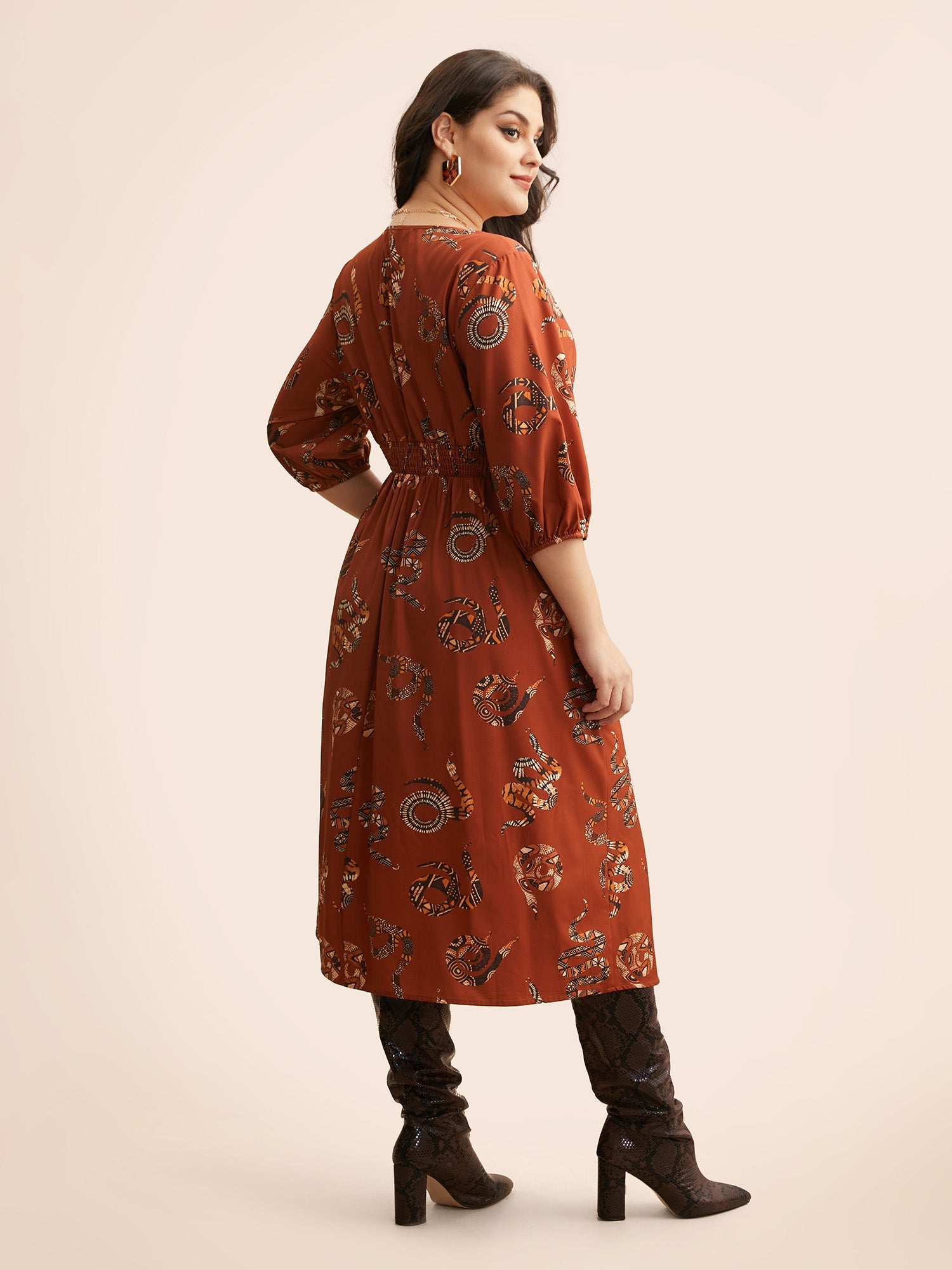 Snake Print Lantern Sleeve Midi Dress