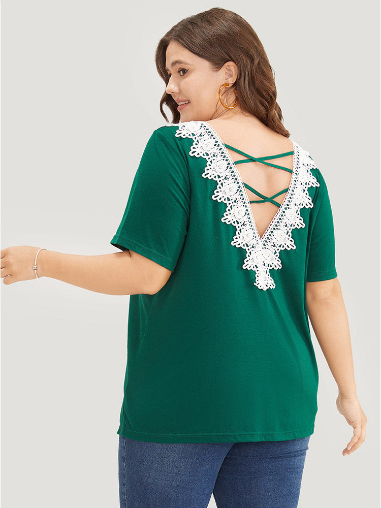Solid Contrast Lace Crisscross Back T-shirt