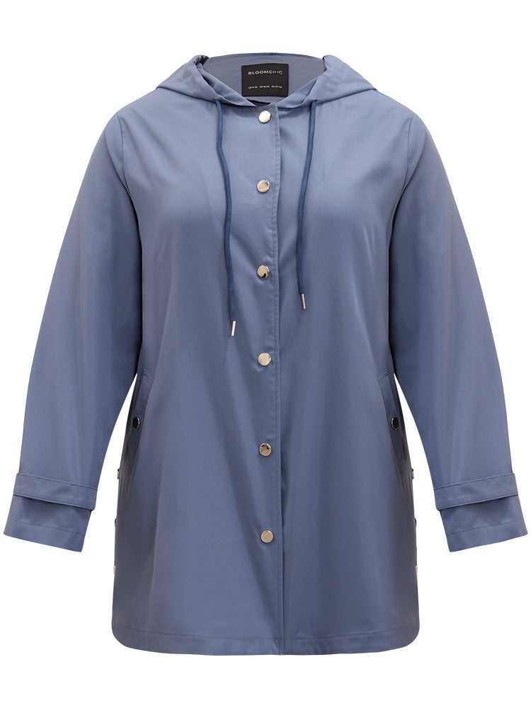 Plain Button Detail Hooded Drawstring Coat