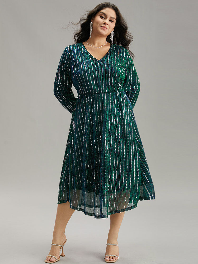 Sequin Mesh V Neck Elastic Waist Dress