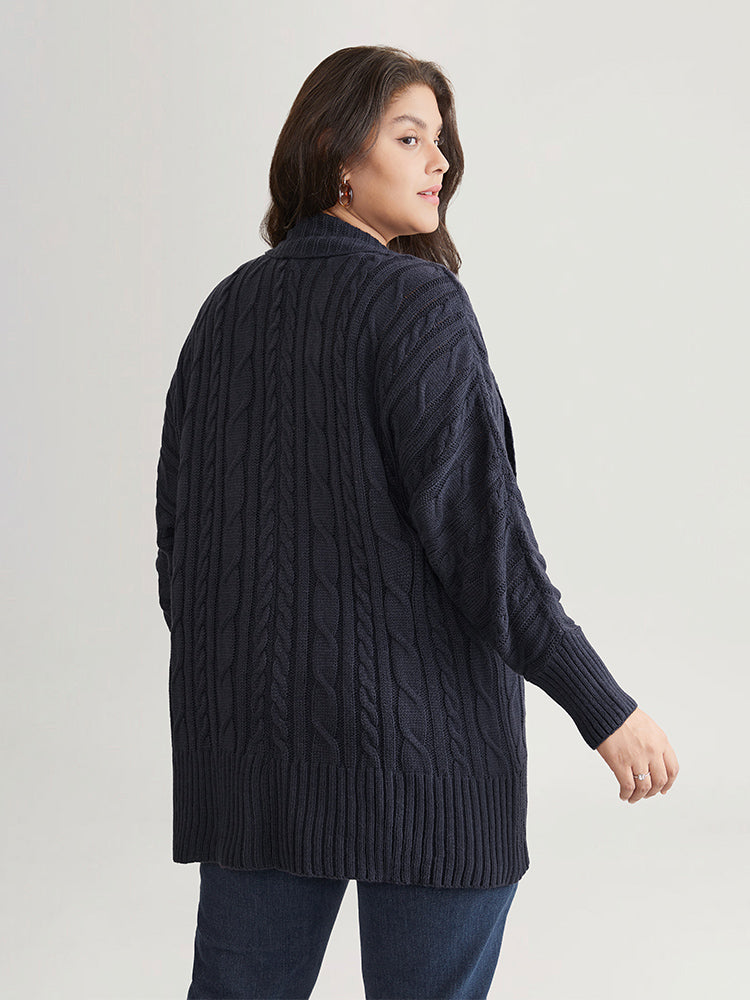 Solid Cable Knit Texture Arc Hem Dolman Sleeve Cardigan