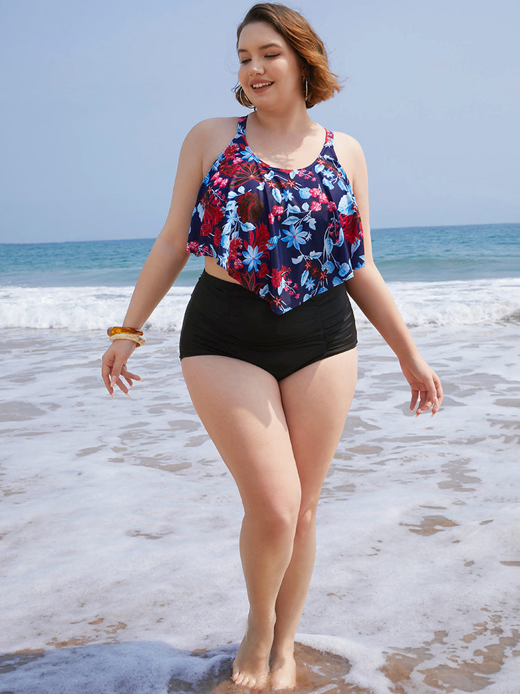 Floral Crossover Back Asymmetrical Tankini Top