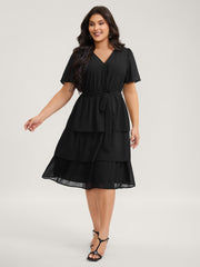 Sheer Chiffon Layered Skirt Belted Midi Dress