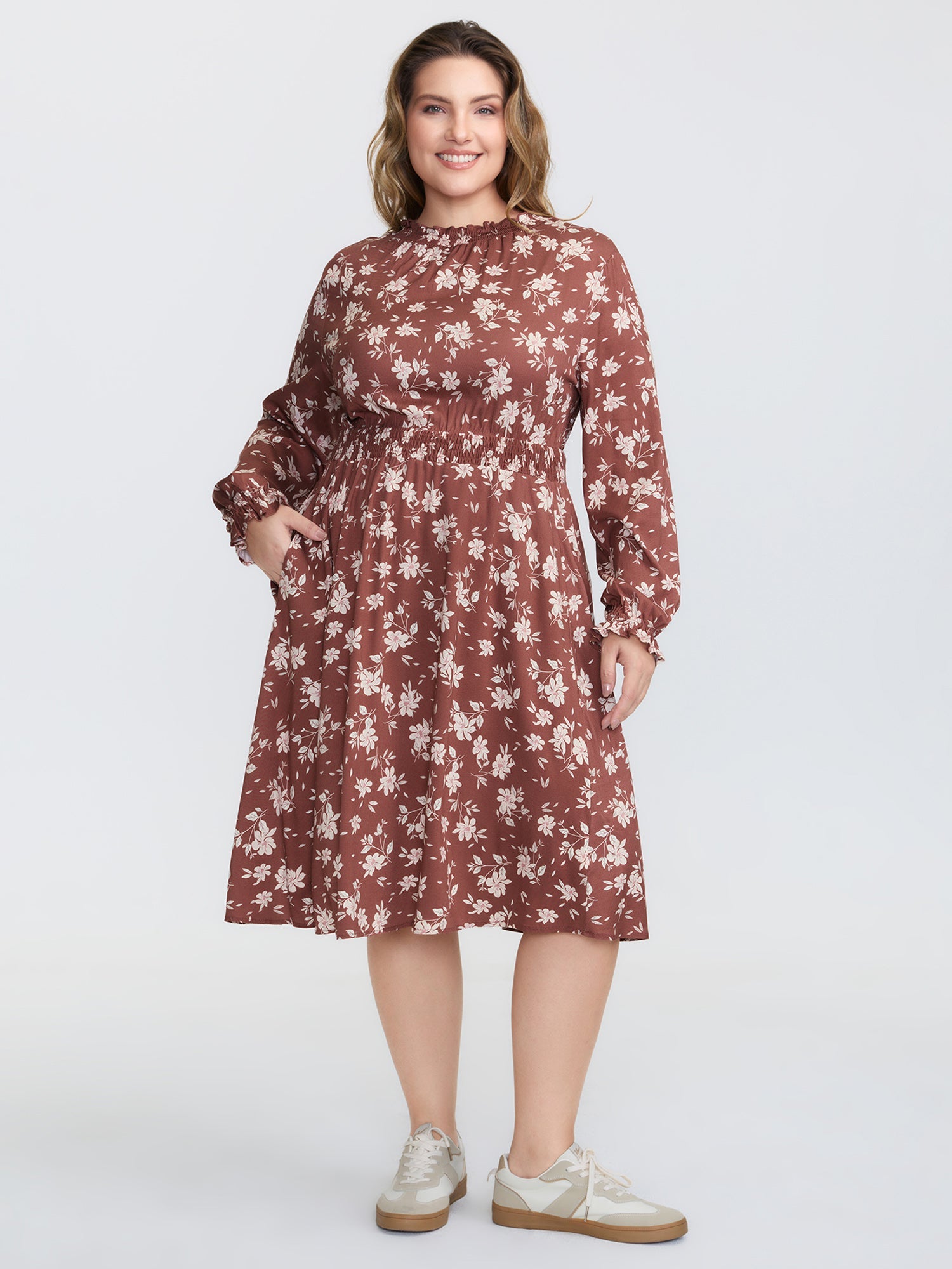 Floral Print Shirred Waist Rayon Midi Dress