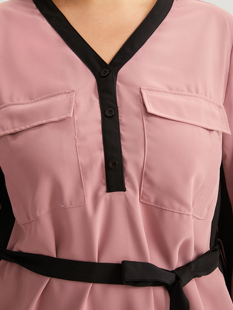 Twill Two Tone Metal Button Up Belted Dress