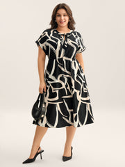 Abstract Print Ribbon Collar Midi Dress