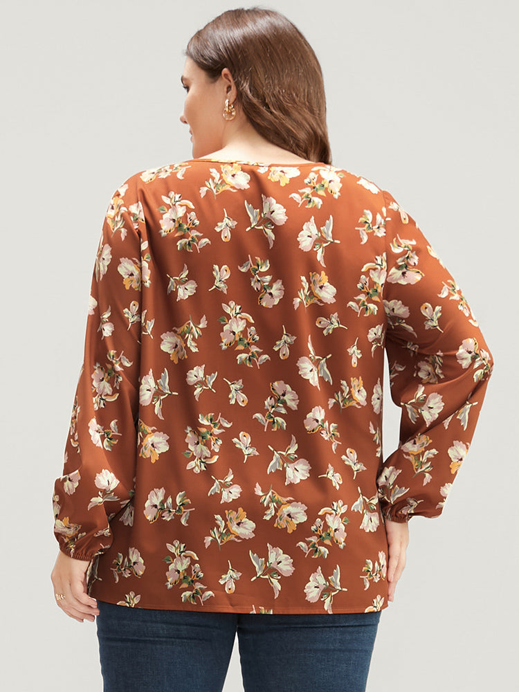 Floral V Neck Ruffles Trim Lantern Sleeve Blouse