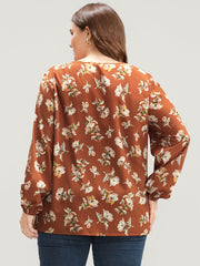 Floral V Neck Ruffles Trim Lantern Sleeve Blouse
