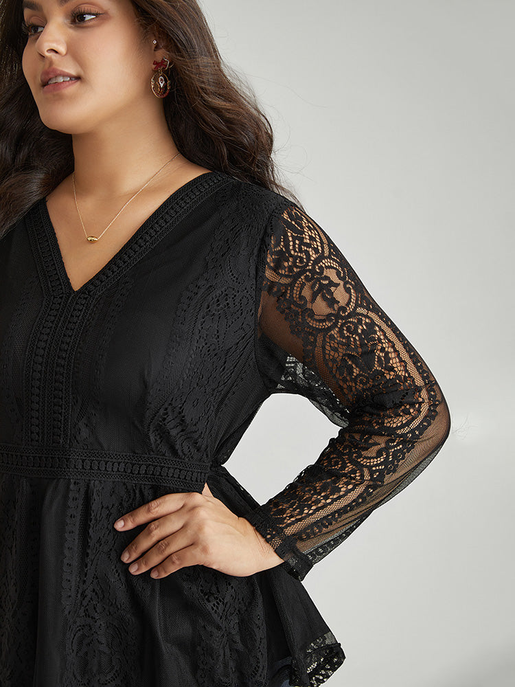 Solid Guipure Lace Mesh Elastic Waist Blouse