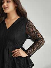 Solid Guipure Lace Mesh Elastic Waist Blouse