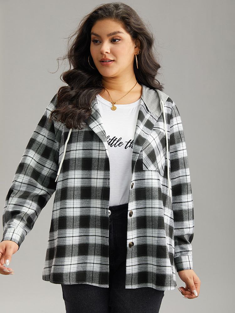 Plaid Patchwork Hooded Drawstring Button Through Jacket