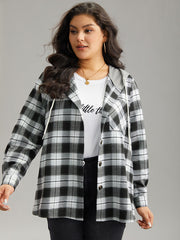 Plaid Patchwork Hooded Drawstring Button Through Jacket