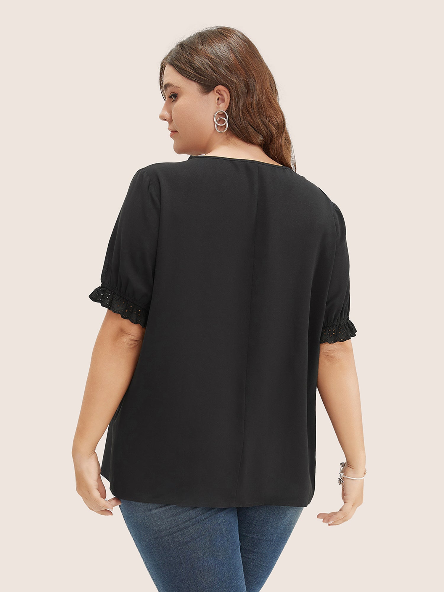 Solid Lace Trim Button Up Laser Cut Puff Sleeve Blouse