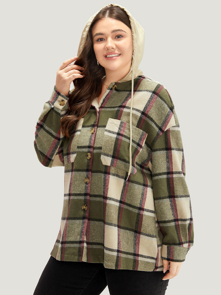 Plaid Hooded Drawstring Pocket Coat