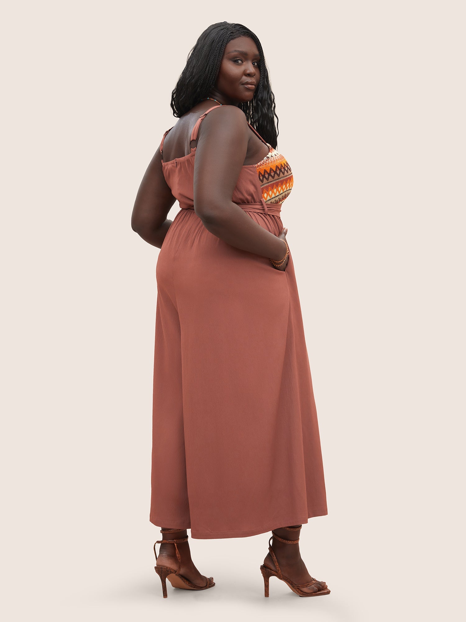 Geometric Embroidered Contrast Belted Wide Leg Jumpsuit