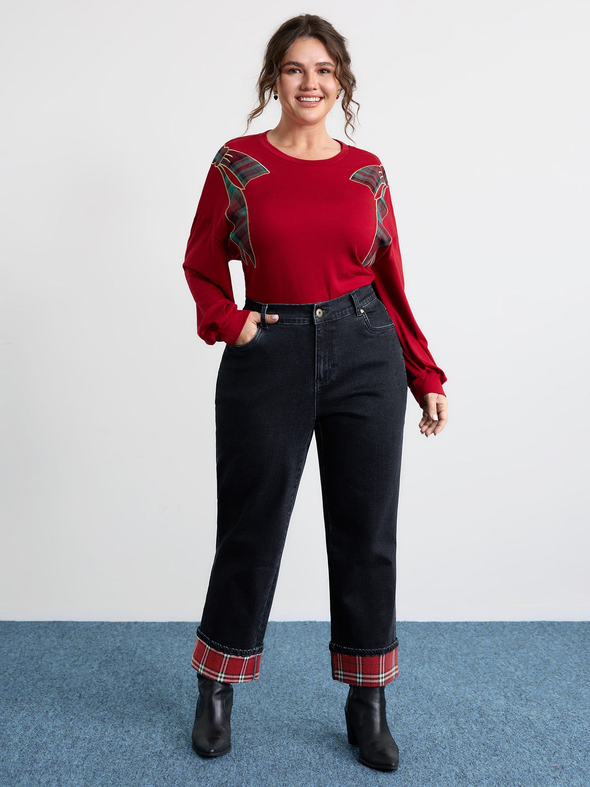 Stretchy Plaid Straight-Leg Jeans