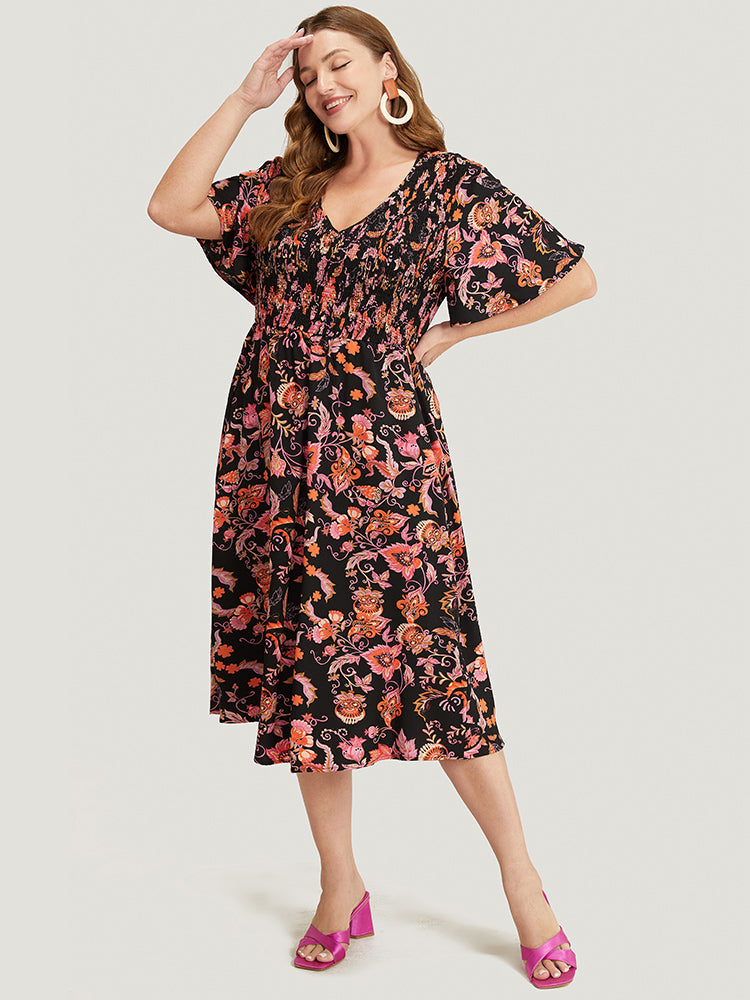 Bandana Print Pocket Shirred V Neck Ruffle Hem Dress