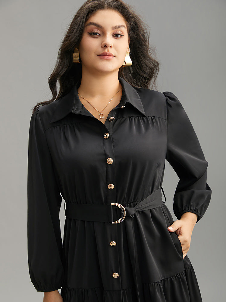 Anti-Wrinkle Shirt Collar Belted Metal Detail Dress