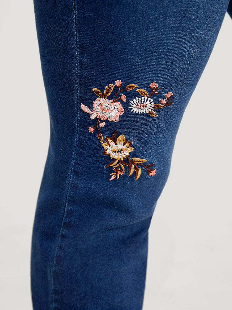 Straight Leg Very Stretchy Dark Wash Floral Embroidered Jeans