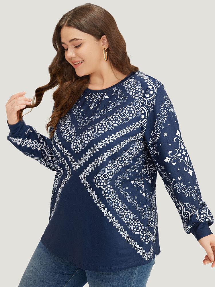 Scarf Print Round Neck Elastic Cuffs Sweatshirt