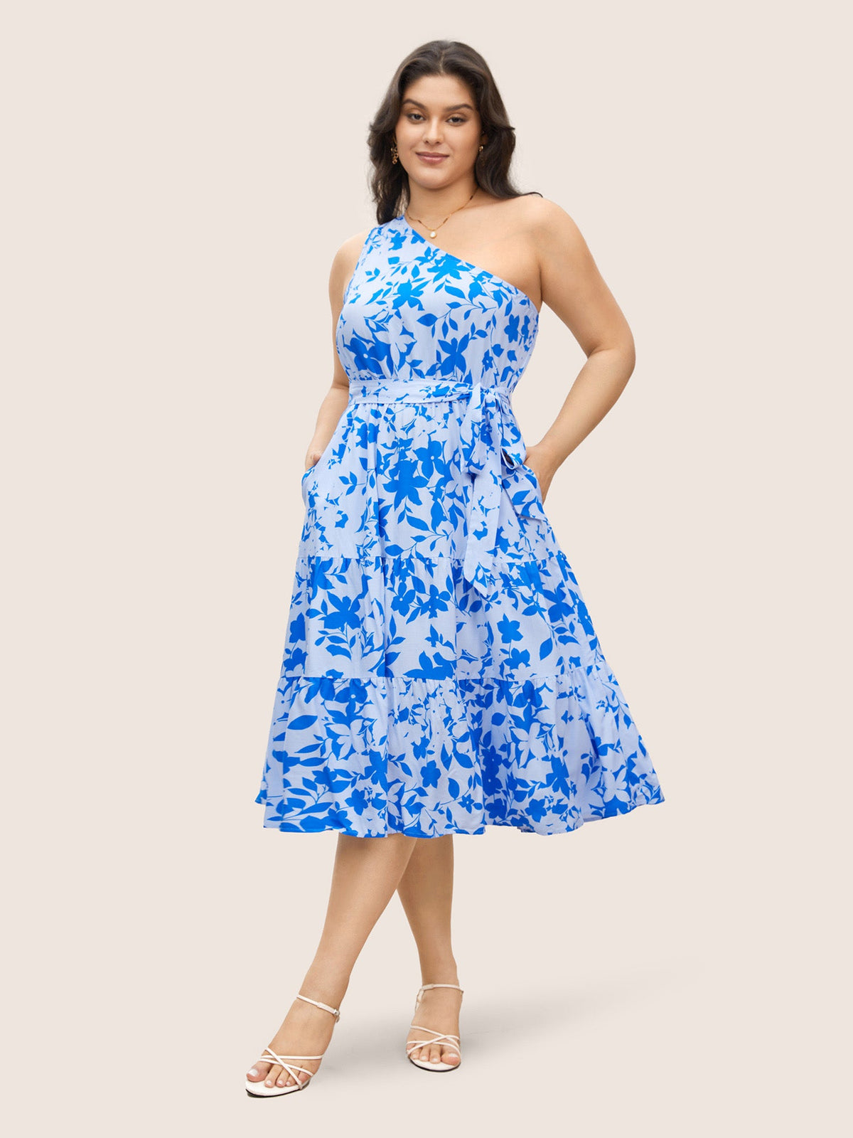 Silhouette Floral Print One Shoulder Belted Dress