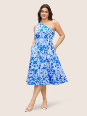 Silhouette Floral Print One Shoulder Belted Dress
