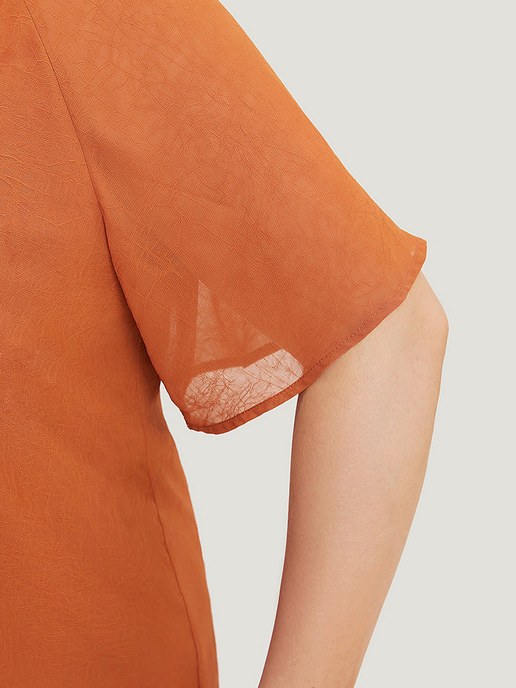 Solid Notched Pleated Mesh Raglan Sleeve Blouse