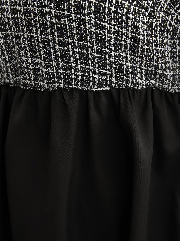 Gingham Tweed Lantern Sleeve Asymmetrical Hem Blouse